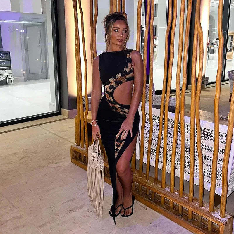 European and American 2024 summer new round neck sleeveless snake print navel-exposed hollow slit long dress