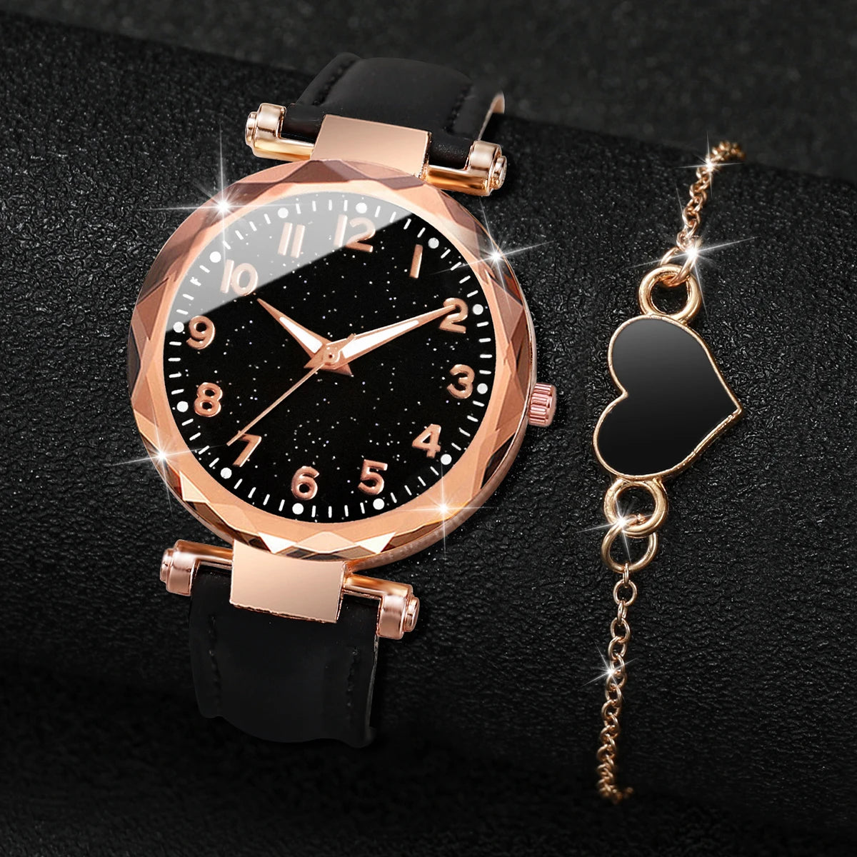 2PCS/Set Fashion Starry Sky Dial Women Watch Leather Band Quartz Watches Heart Bracelet Set