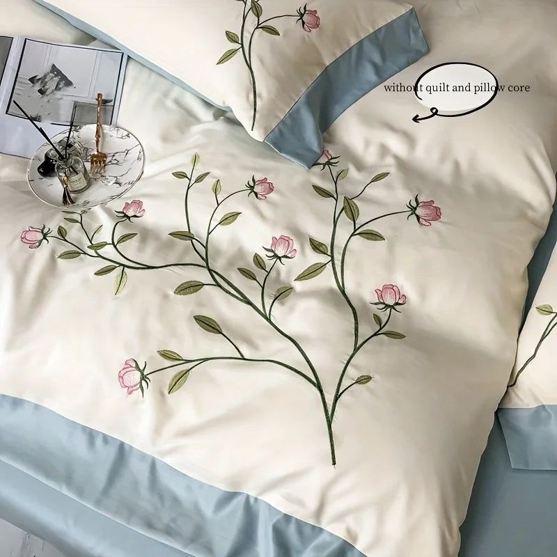 3pcs Elegant embroidery Duvet Cover Set (1*Duvet Cover + 2*Pillowcase, Without Core), blue pink soft Bedding Set for summer