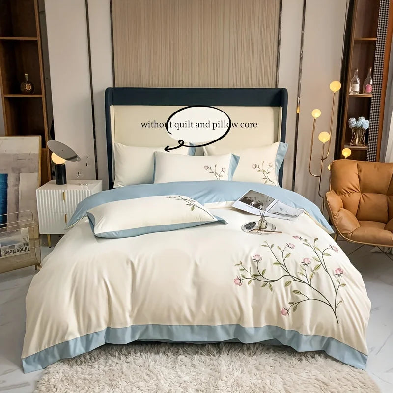 3pcs Elegant embroidery Duvet Cover Set (1*Duvet Cover + 2*Pillowcase, Without Core), blue pink soft Bedding Set for summer