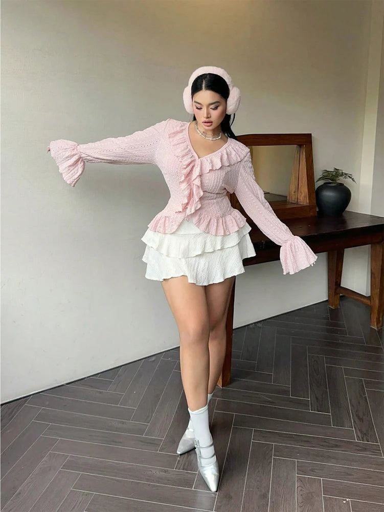 Plus Size Womens Elegant French Ruffle Flared Sleeve Women's Blouse Pink V-Neck Bubble Sleeve Sweetheart