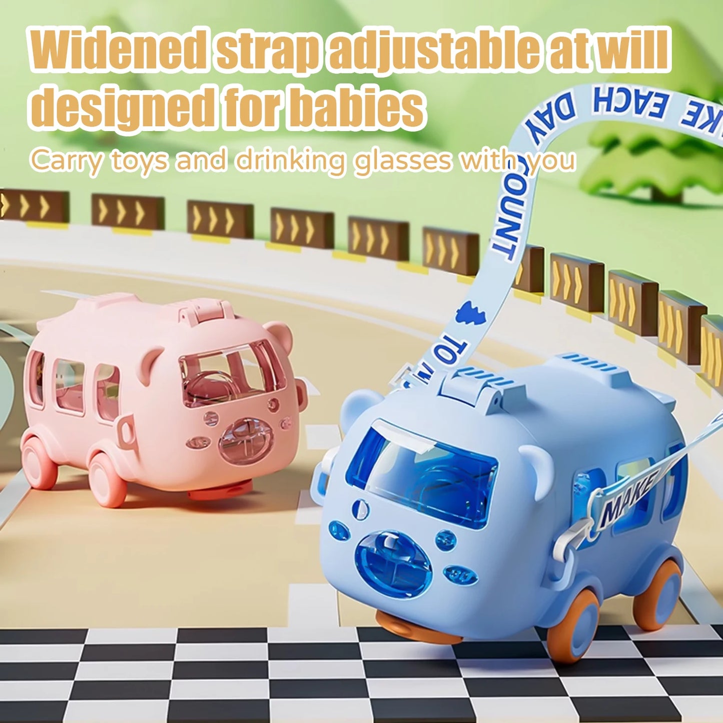Summer Kids Straw Mug, Silicone Straw 14 Years Junior Straw Mug, 500ml Cartoon Car Mug with Carrying Strap