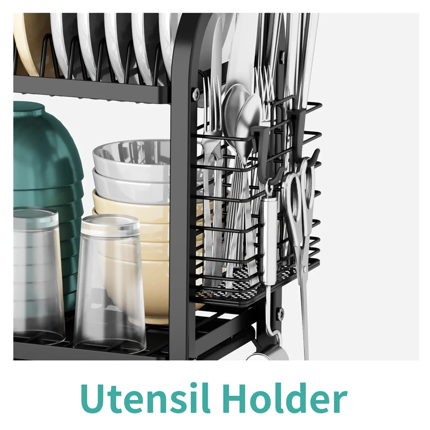 2tier Dish Organizer withKnife,Fork,Cutting Board and Water collection tray,Kitchen Storage Rack,Countertop Space-saving,Black