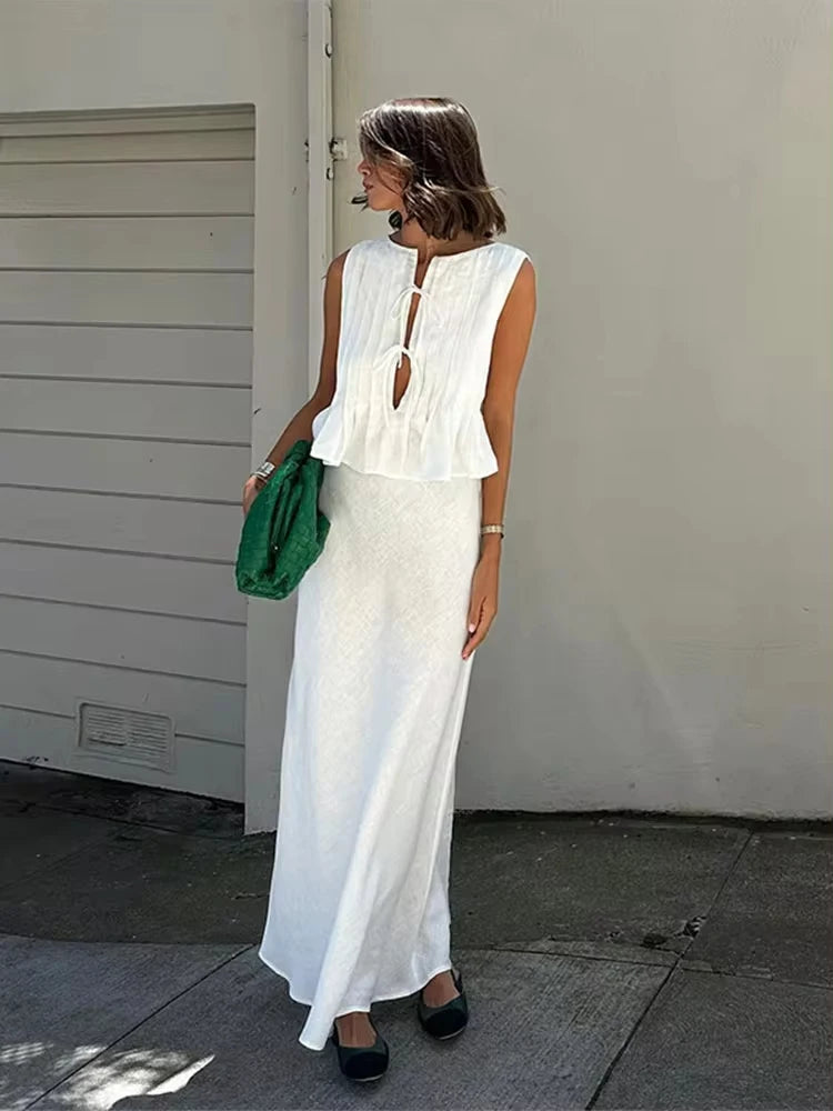 TRAF Women's Pleated Design Tie Sleeveless Vest + High Waist Half-body Skirt Two Piece Casual Fashion Half-body Skirt Set