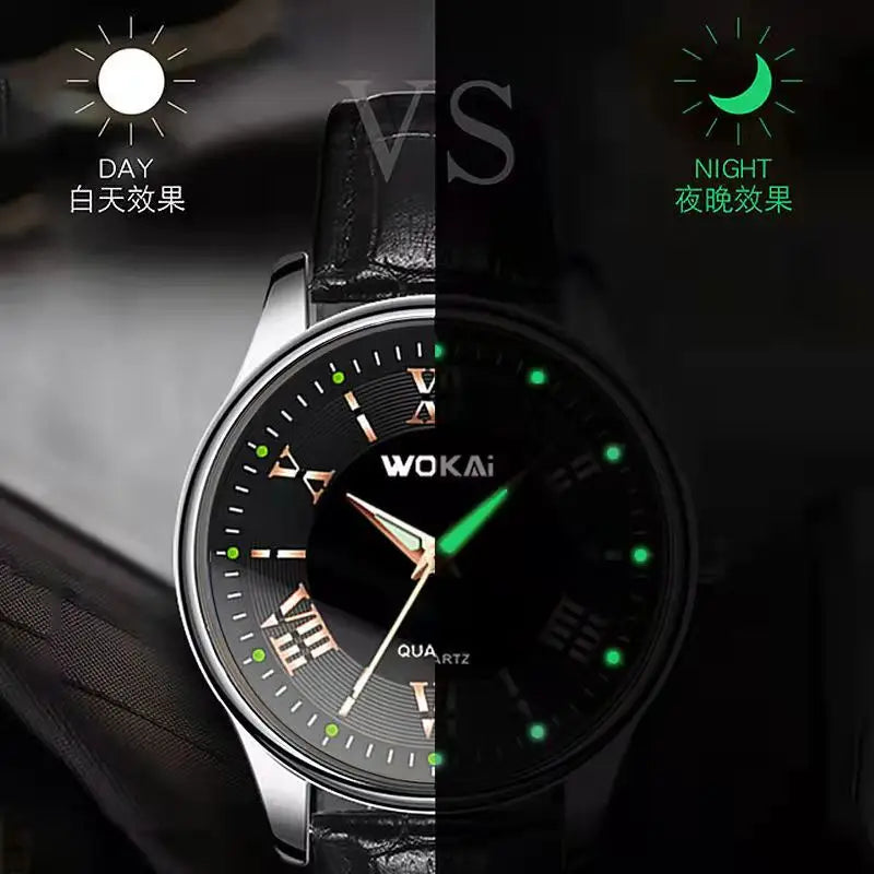 WOKAI high quality Men's Belt Quartz Blue Light Watch Men's Business Sport Waterproof glow-in-the-dark Roman vintage clock