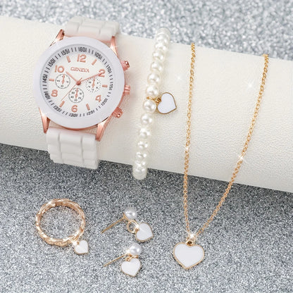 3/6PCS Women's Watches Casual Silicone Band Analog Quartz Watch Heart Pearls Jewelry Set(Without Box)
