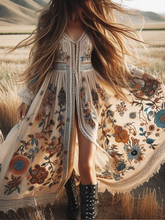 Boho Women's Long Dress Luxury Elegant Lace Patchwork Maxi Dress Flower Plants Pattern V Neck Lantern Sleeve Woman Long Dresses