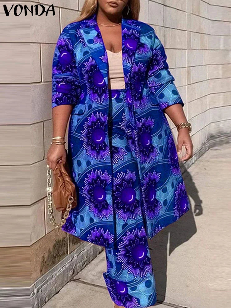 Plus Size VONDA Women Sets Two Piece 2024 Holiday Bohemian Printing Elegant Long Sleeve Outfits Fashion Casual Simple 2pc Suits