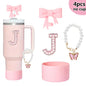 4pcs Silicone Tumbler Accessory Set for Stanley Cup Decor with Straw, Bow, Artificial Pearl Butterfly Keychain for Decoration
