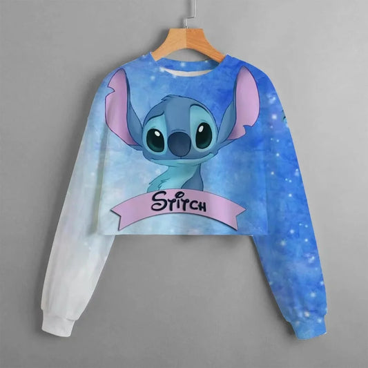 2024 Autumn New Girls Kids Clothing Print Cropped Hoodie Disney Stitch Casual Cute Cartoon Girls Sweatshirt Tops Classic Hoodie