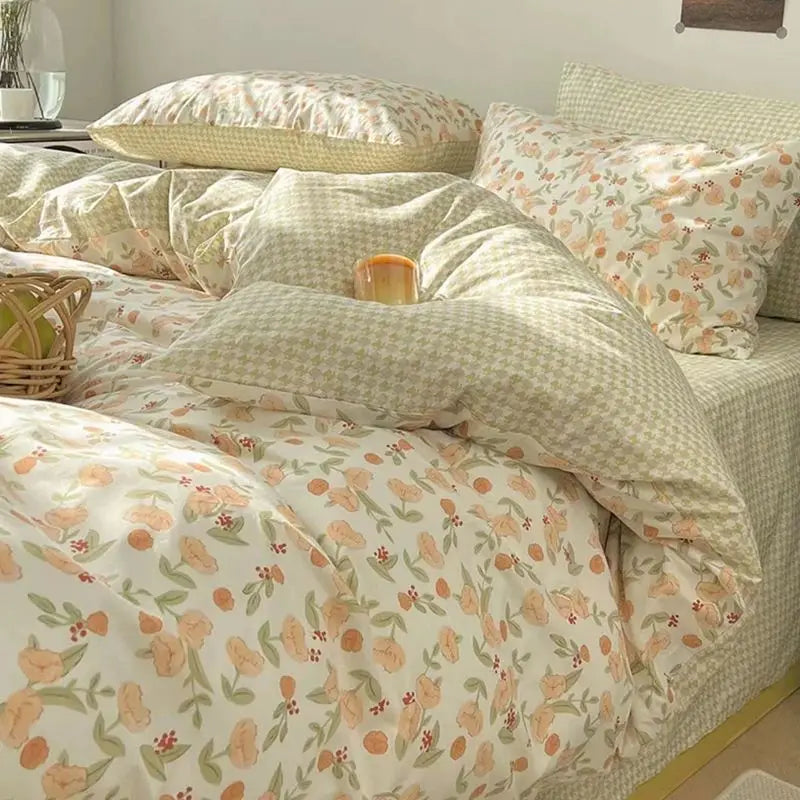 Ins Floral Bedding Set with Duvet Cover Flat Sheet Pillowcases New Summer No Filler Full Queen Size Hotel Home Soft Bed Linens