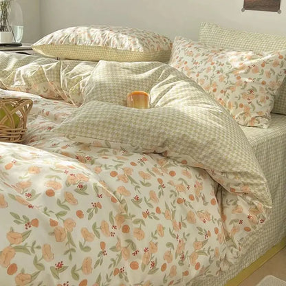 Ins Floral Bedding Set with Duvet Cover Flat Sheet Pillowcases New Summer No Filler Full Queen Size Hotel Home Soft Bed Linens