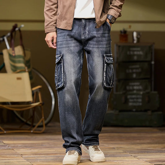 Autumn and Winter new elastic American retro multi -pocket Workers for denim  men's pants pants loose large size three -color