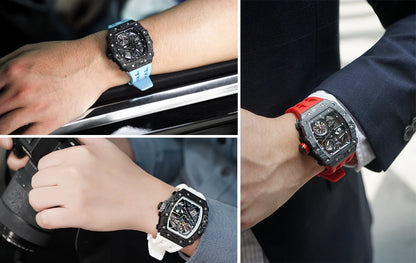 TSAR BOMBA Automatic Watch Men Carbon Fiber Mechanical Wristwatch Skeleton Clock Mens Tonneau Luxury Watches