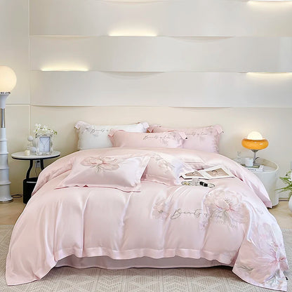 100% Egyptian Cotton Flowers Embroidery Luxury Bedding Set White/Pink Duvet Cover Set Bed Sheet/Fitted Sheet Pillowcases 4Pcs