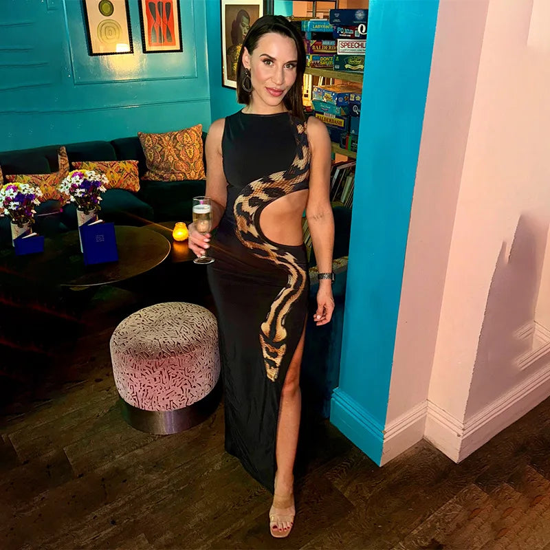 European and American 2024 summer new round neck sleeveless snake print navel-exposed hollow slit long dress