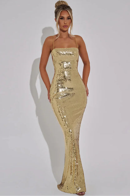 Sexy Sequin Backless Bandage Long Dress Women's Shiny Sleeveless Luxury Silver Dresses Evening Prom Party Birthday Gold Cocktail