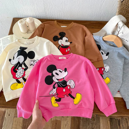 Disney Mickey Children Sweatshirt Loose Casual Fashion Hoodies Round Collar Pullovers Spring Autumn Kids Clothing Girl Sweater