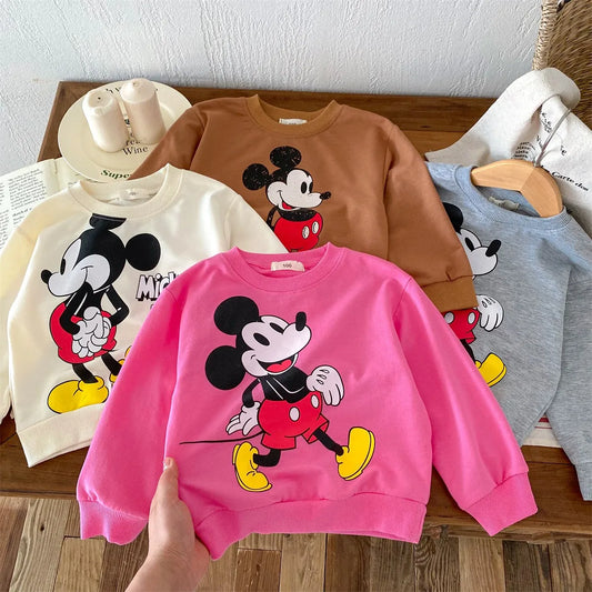 Disney Mickey Children Sweatshirt Loose Casual Fashion Hoodies Round Collar Pullovers Spring Autumn Kids Clothing Girl Sweater