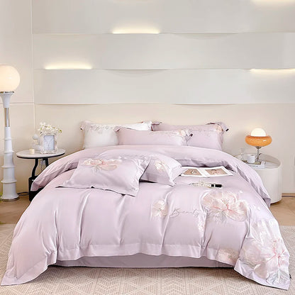 100% Egyptian Cotton Flowers Embroidery Luxury Bedding Set White/Pink Duvet Cover Set Bed Sheet/Fitted Sheet Pillowcases 4Pcs