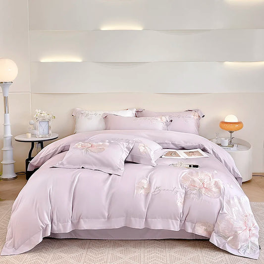 100% Egyptian Cotton Flowers Embroidery Luxury Bedding Set White/Pink Duvet Cover Set Bed Sheet/Fitted Sheet Pillowcases 4Pcs