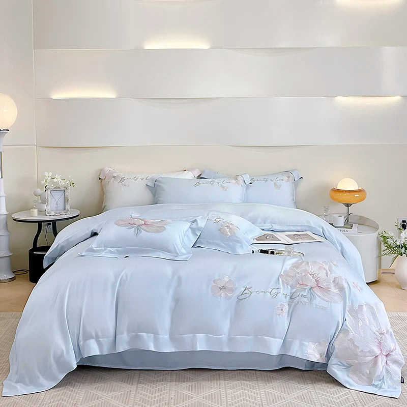100% Egyptian Cotton Flowers Embroidery Luxury Bedding Set White/Pink Duvet Cover Set Bed Sheet/Fitted Sheet Pillowcases 4Pcs
