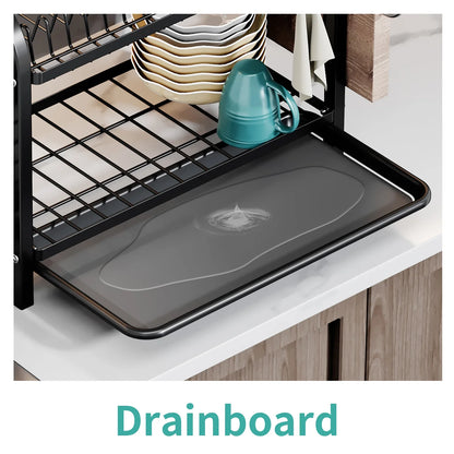 2tier Dish Organizer withKnife,Fork,Cutting Board and Water collection tray,Kitchen Storage Rack,Countertop Space-saving,Black