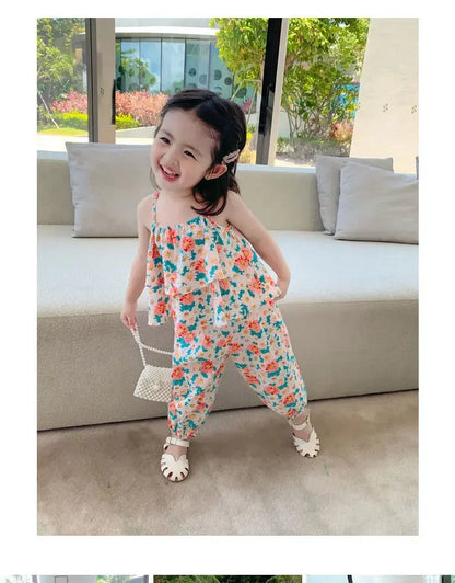 2024 Summer New baby Girls' Suits Cute Floral Vest And Anti-Mosquito Pants Children Clothing Sets Fashion Kids Outfit
