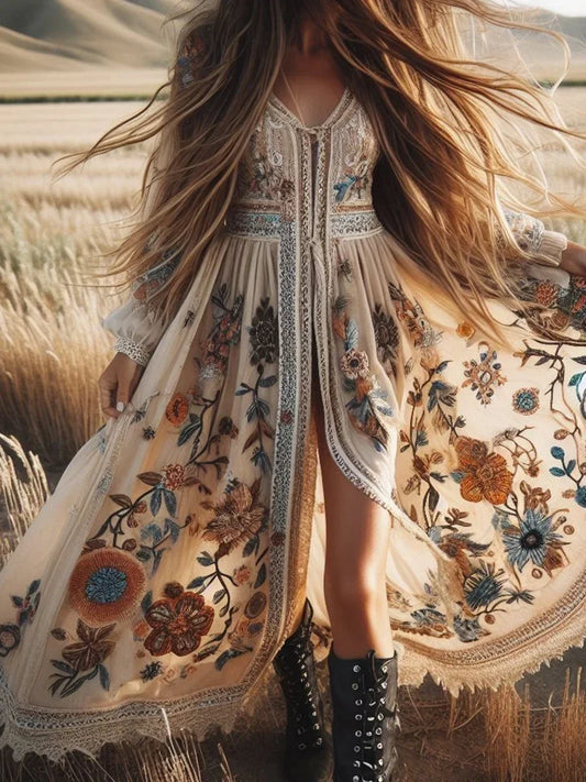 Boho Women's Long Dress Luxury Elegant Lace Patchwork Maxi Dress Flower Plants Pattern V Neck Lantern Sleeve Woman Long Dresses