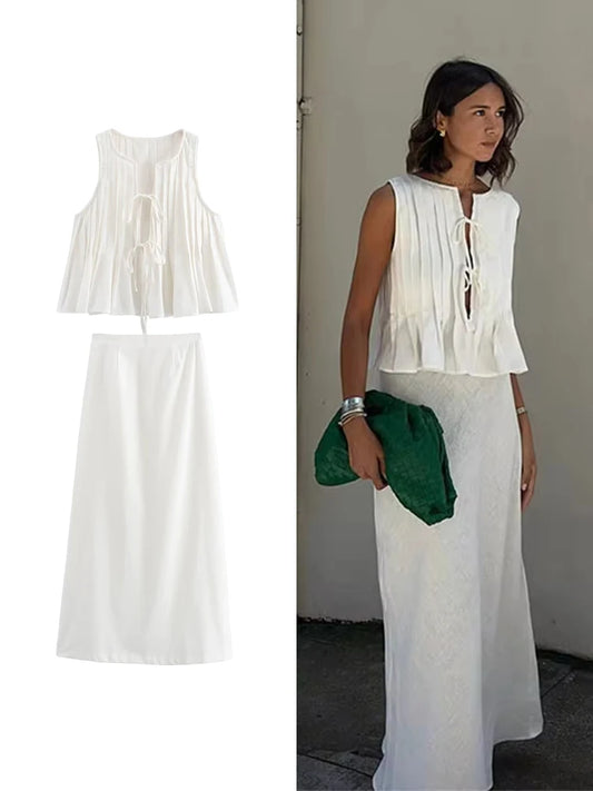 TRAF Women's Pleated Design Tie Sleeveless Vest + High Waist Half-body Skirt Two Piece Casual Fashion Half-body Skirt Set