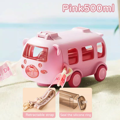 Summer Kids Straw Mug, Silicone Straw 14 Years Junior Straw Mug, 500ml Cartoon Car Mug with Carrying Strap