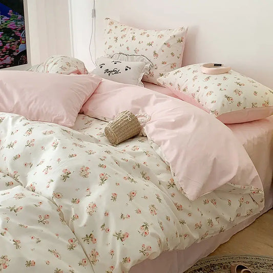 Ins Floral Bedding Set with Duvet Cover Flat Sheet Pillowcases New Summer No Filler Full Queen Size Hotel Home Soft Bed Linens