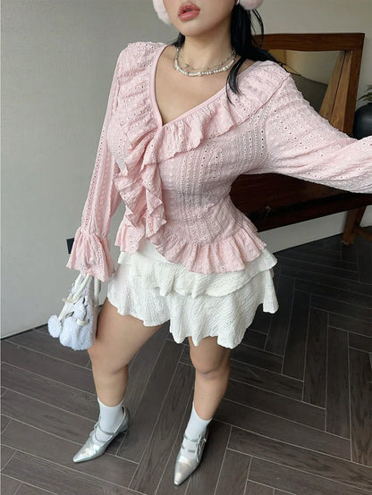 Plus Size Womens Elegant French Ruffle Flared Sleeve Women's Blouse Pink V-Neck Bubble Sleeve Sweetheart