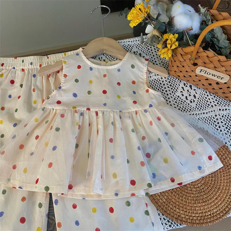 Children's Clothing Sets Color Polka Dot Sleeveless Top + Wide Leg Pants 2pcs Toddler Girl Clothes Kids Boutique Clothes