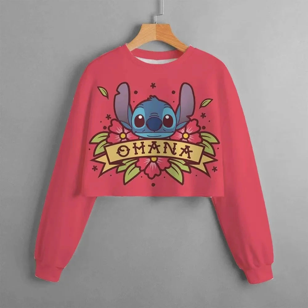 2024 Autumn New Girls Kids Clothing Print Cropped Hoodie Disney Stitch Casual Cute Cartoon Girls Sweatshirt Tops Classic Hoodie
