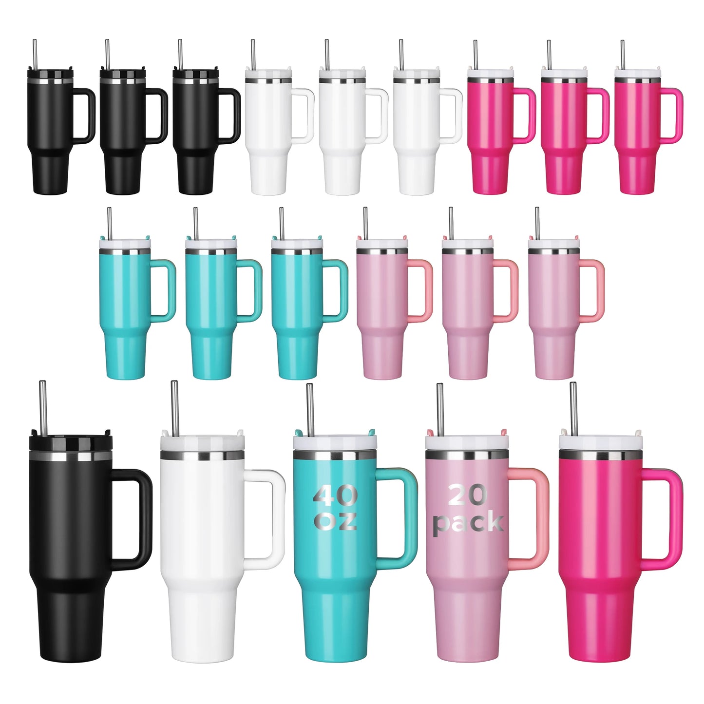 20 Pack 40OZ tumbler，Detachable Handle With lid and Straw, Mixed Color insulated water bottles, Laser engraved coffee travel mug