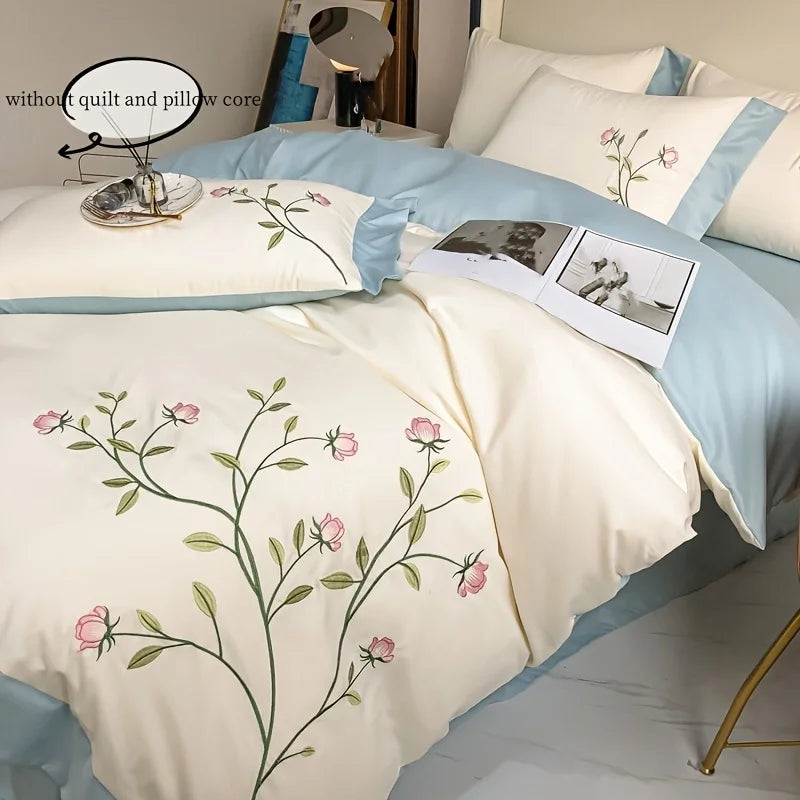 3pcs Elegant embroidery Duvet Cover Set (1*Duvet Cover + 2*Pillowcase, Without Core), blue pink soft Bedding Set for summer