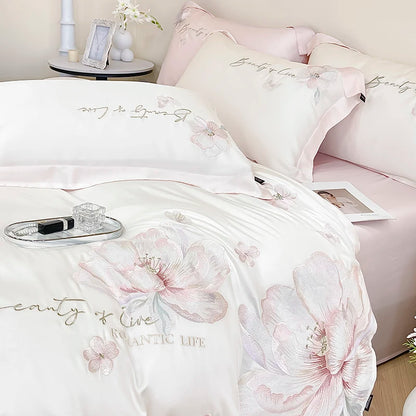 100% Egyptian Cotton Flowers Embroidery Luxury Bedding Set White/Pink Duvet Cover Set Bed Sheet/Fitted Sheet Pillowcases 4Pcs