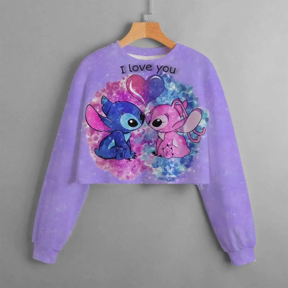 2024 Autumn New Girls Kids Clothing Print Cropped Hoodie Disney Stitch Casual Cute Cartoon Girls Sweatshirt Tops Classic Hoodie