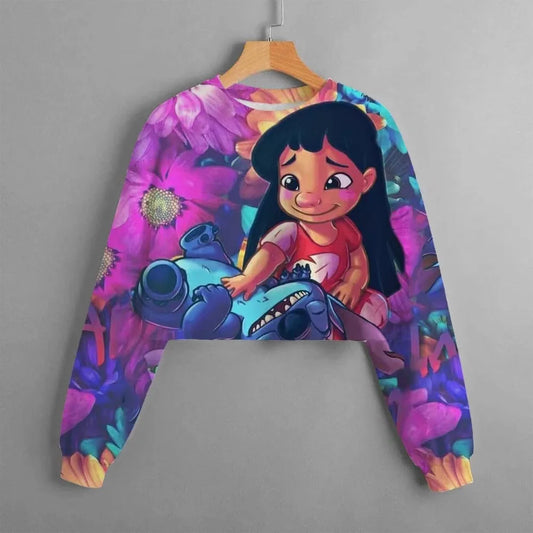 2024 Autumn New Girls Kids Clothing Print Cropped Hoodie Disney Stitch Casual Cute Cartoon Girls Sweatshirt Tops Classic Hoodie