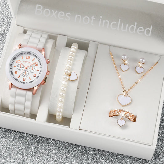 3/6PCS Women's Watches Casual Silicone Band Analog Quartz Watch Heart Pearls Jewelry Set(Without Box)