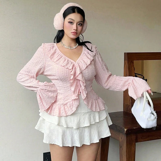Plus Size Womens Elegant French Ruffle Flared Sleeve Women's Blouse Pink V-Neck Bubble Sleeve Sweetheart