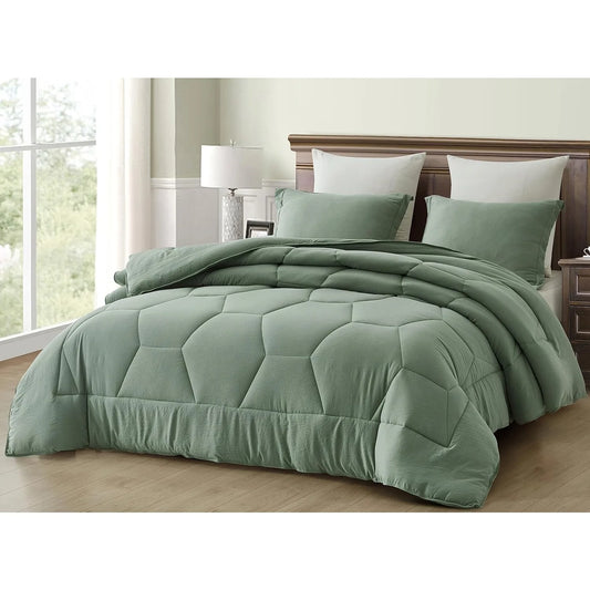 Vero Sage Green Comforter Set Oversized Queen Size 3-Piece Fluffy Soft Lightweight Bedding Honeycomb