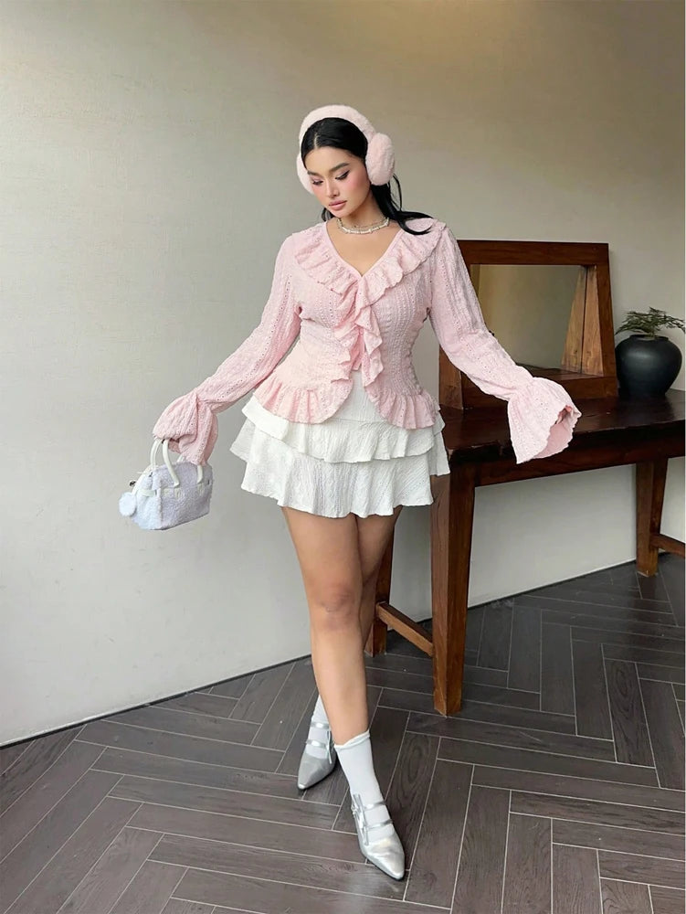 Plus Size Womens Elegant French Ruffle Flared Sleeve Women's Blouse Pink V-Neck Bubble Sleeve Sweetheart