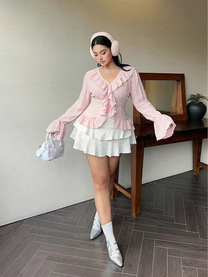 Plus Size Womens Elegant French Ruffle Flared Sleeve Women's Blouse Pink V-Neck Bubble Sleeve Sweetheart