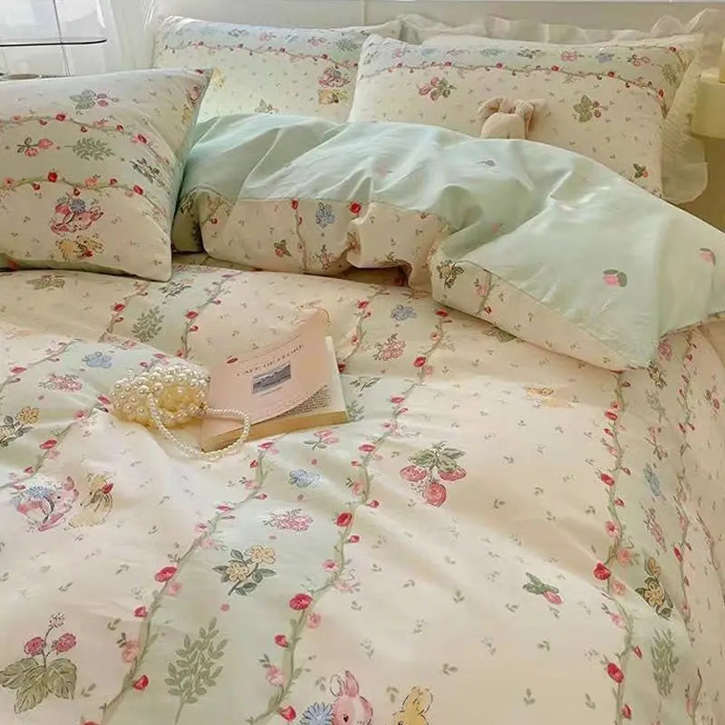 Ins Floral Bedding Set with Duvet Cover Flat Sheet Pillowcases New Summer No Filler Full Queen Size Hotel Home Soft Bed Linens