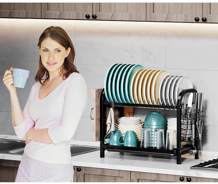 2tier Dish Organizer withKnife,Fork,Cutting Board and Water collection tray,Kitchen Storage Rack,Countertop Space-saving,Black
