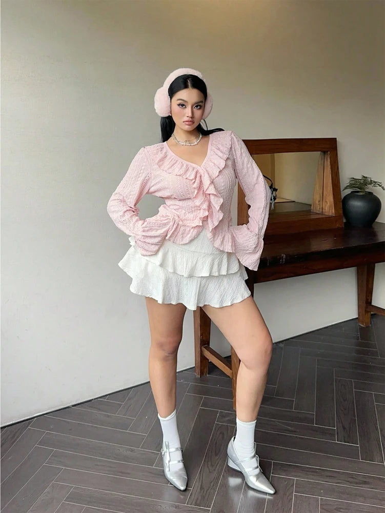 Plus Size Womens Elegant French Ruffle Flared Sleeve Women's Blouse Pink V-Neck Bubble Sleeve Sweetheart