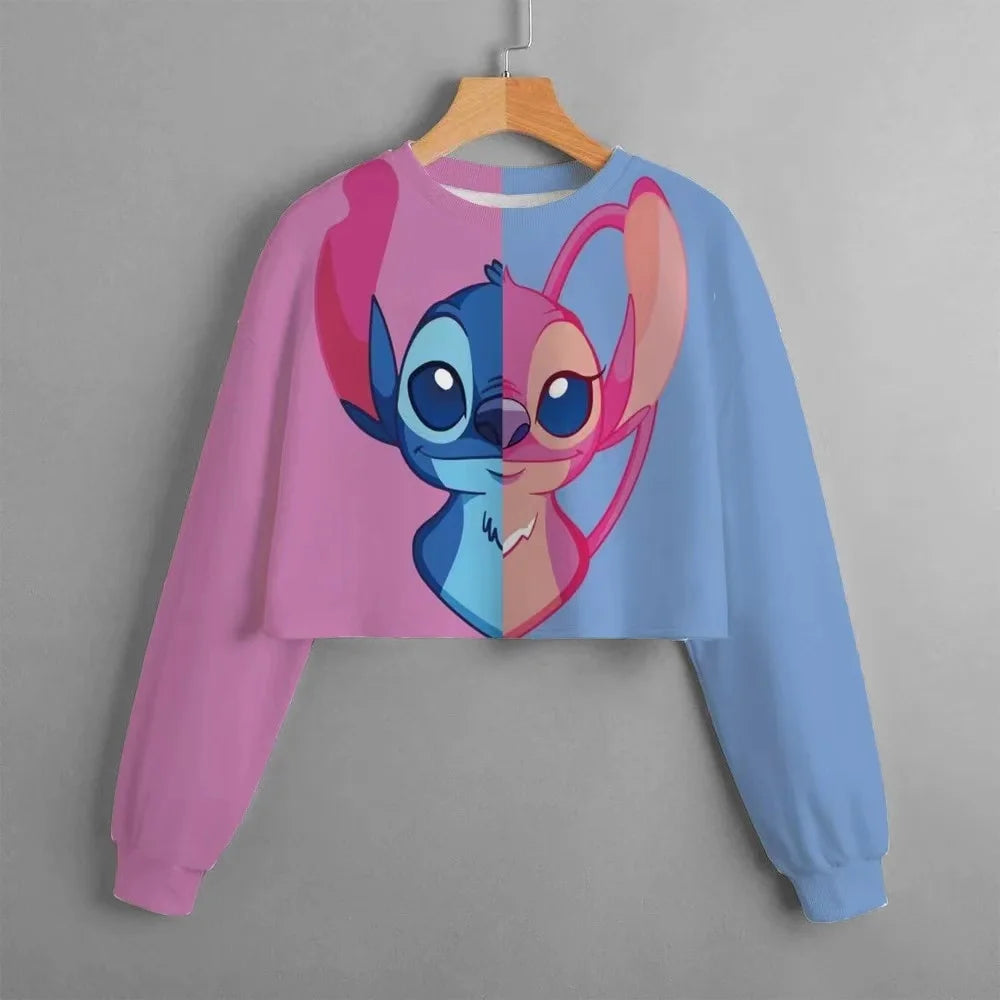 2024 Autumn New Girls Kids Clothing Print Cropped Hoodie Disney Stitch Casual Cute Cartoon Girls Sweatshirt Tops Classic Hoodie