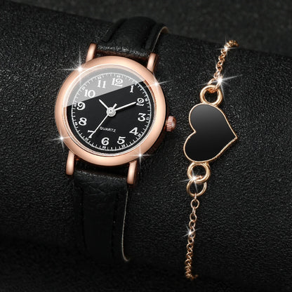 2PCS/Set Fashion Small Dial Women Watches Leather Band Quartz Watch Heart Bracelet Set（Without Box）